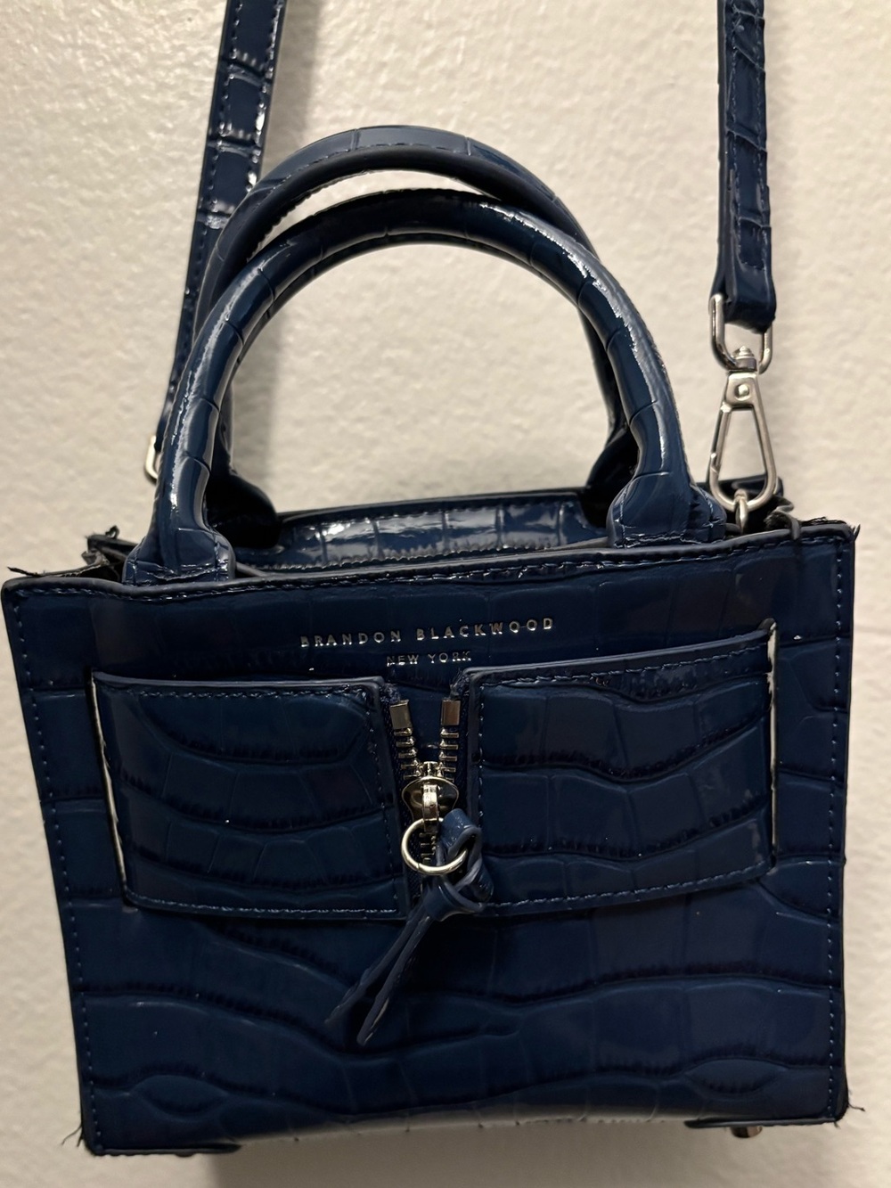 Brandon Blackwood Navy Croc-Embossed Kuei Bag